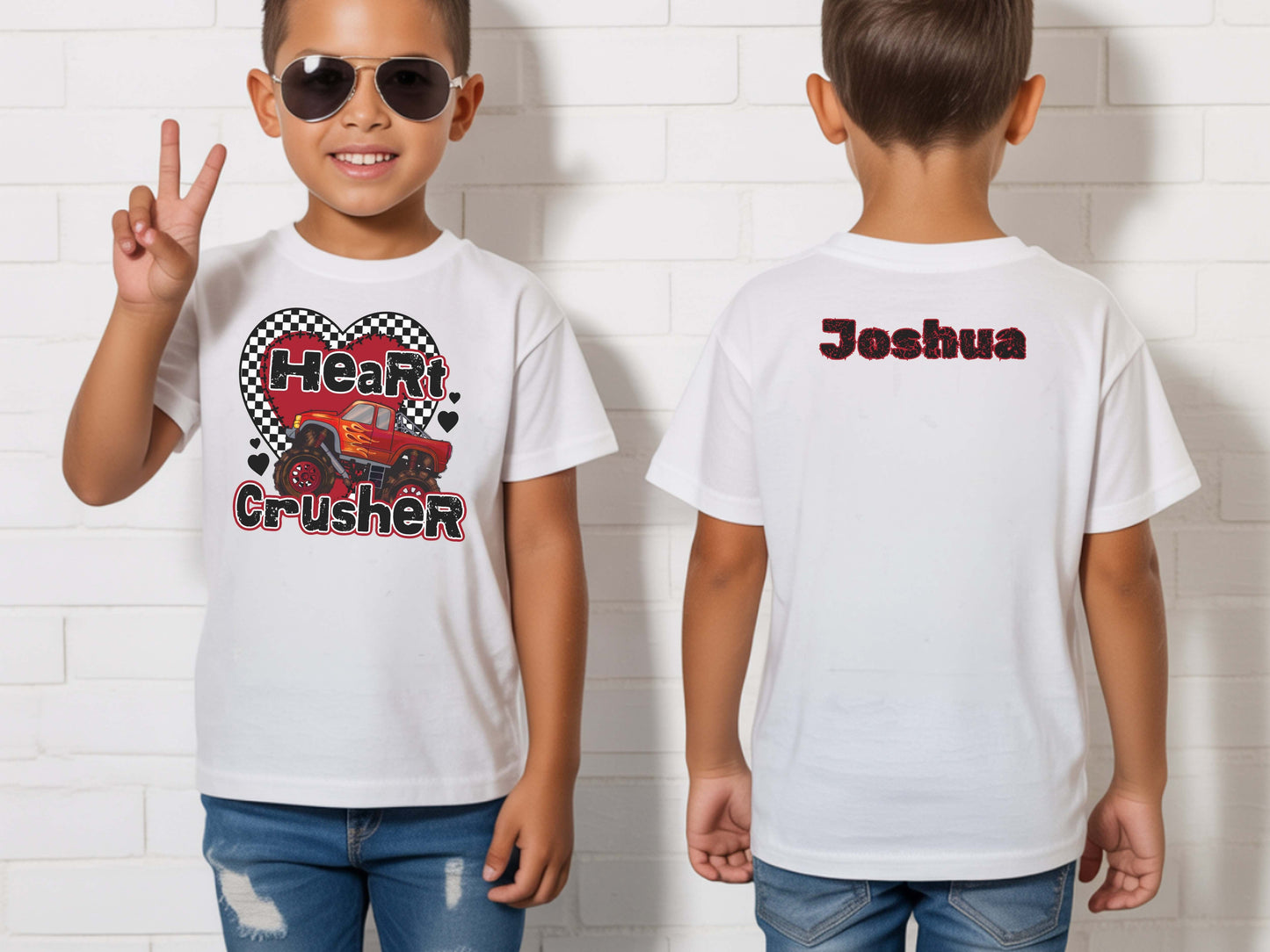 Kids Tee — "Heart Crusher" Personalized Monster Truck Racing Valentine Shirt
