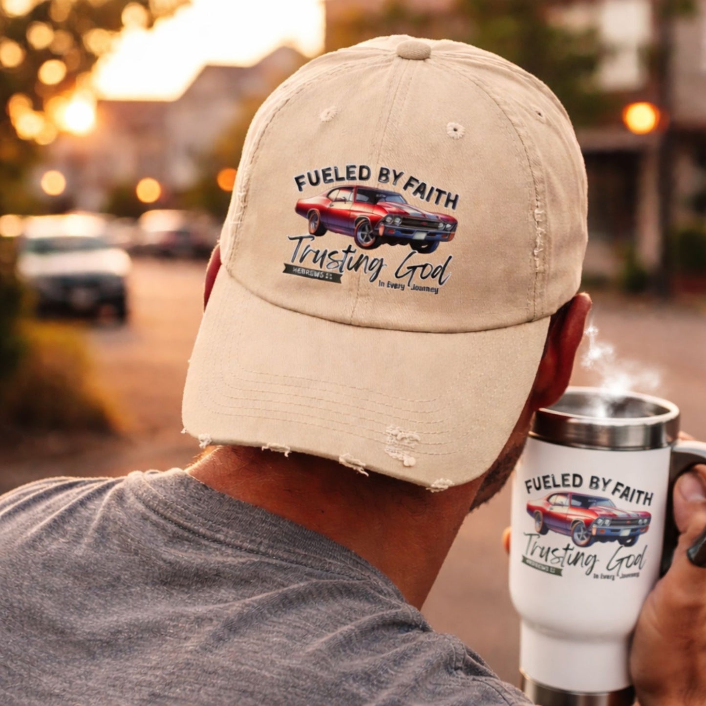 Fueled by Faith Chevelle Distressed Trucker Hat – Hebrews 11 Christian Muscle Car Cap