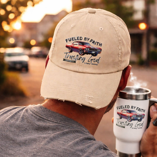 Fueled by Faith Chevelle Distressed Trucker Hat – Hebrews 11 Christian Muscle Car Cap