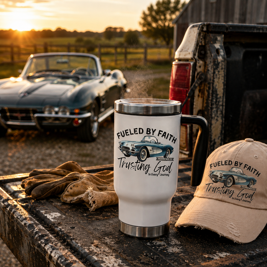 Fueled by Faith Corvette 14 oz Stainless Steel Travel Mug Hebrews 11 Christian Car Tumbler | Trusting God