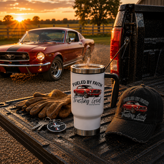 Fueled by Faith Mustang 14 oz Stainless Steel Travel Mug – Hebrews 11 Christian Muscle Car Tumbler