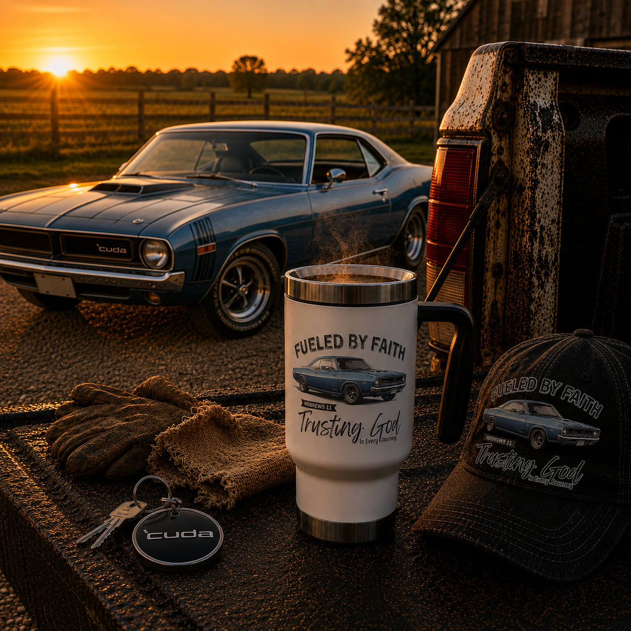 Fueled by Faith Baracuda 14 oz Stainless Steel Travel Mug – Hebrews 11 Christian Muscle Car Tumbler