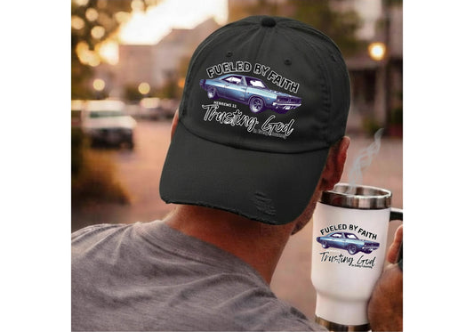 Fueled by Faith Baracuda Distressed Trucker Hat – Hebrews 11 Christian Muscle Car Cap