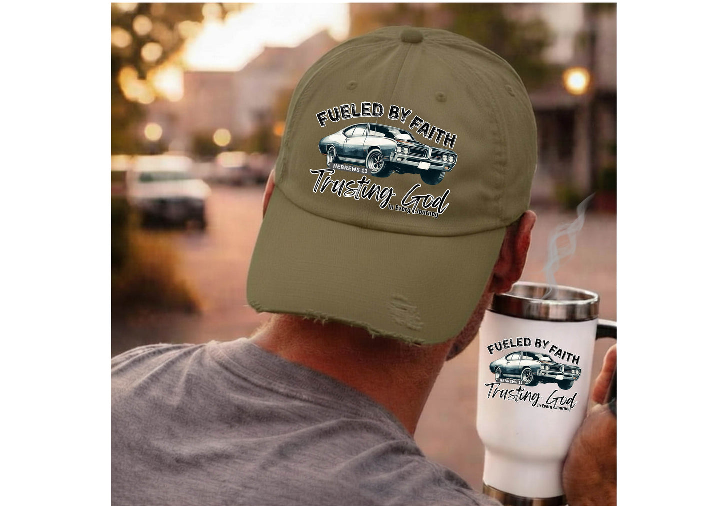 Fueled by Faith GTO Distressed Trucker Hat – Hebrews 11 Christian Muscle Car Cap