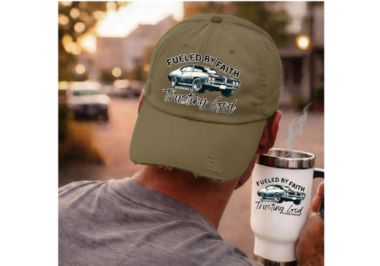 Fueled by Faith GTO Distressed Trucker Hat – Hebrews 11 Christian Muscle Car Cap