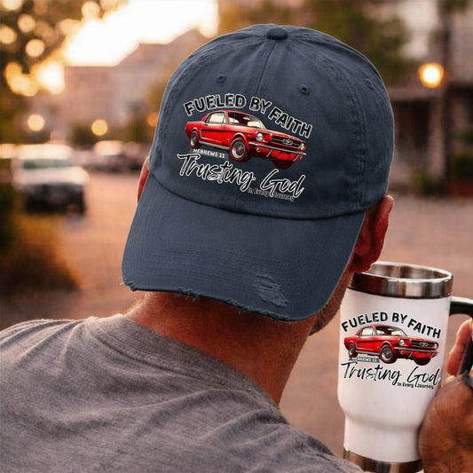Fueled by Faith Mustang Distressed Trucker Hat – Hebrews 11 Christian Muscle Car Cap