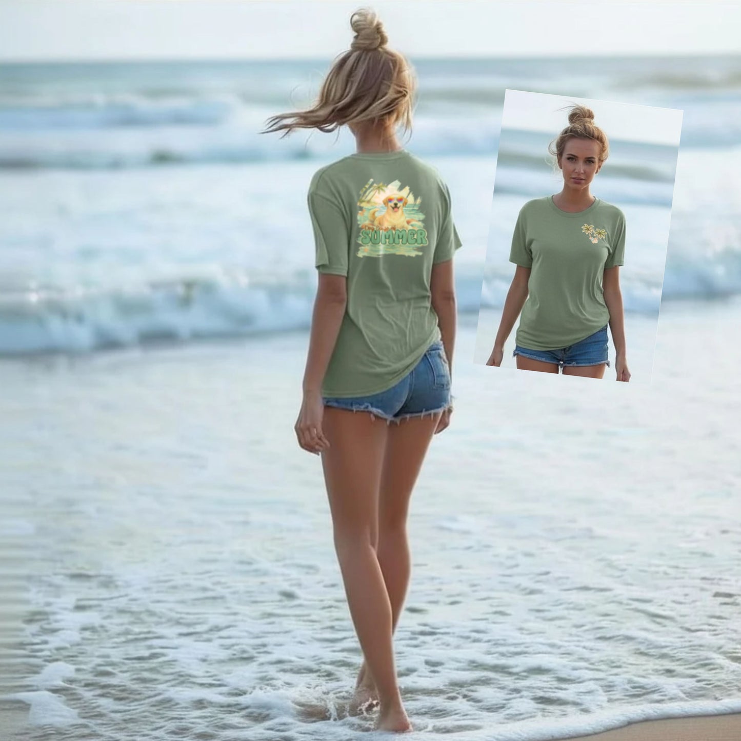 Golden Lab Beach Tee – Retro Summer Dog Shirt with Sunglasses | Coastal Back Graphic + Palm Chest Print