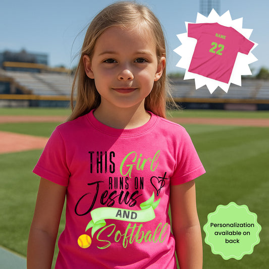 Personalized Girls Softball Shirt – This Girl Runs on Jesus & Softball | Custom Name & Number Youth Christian Tee