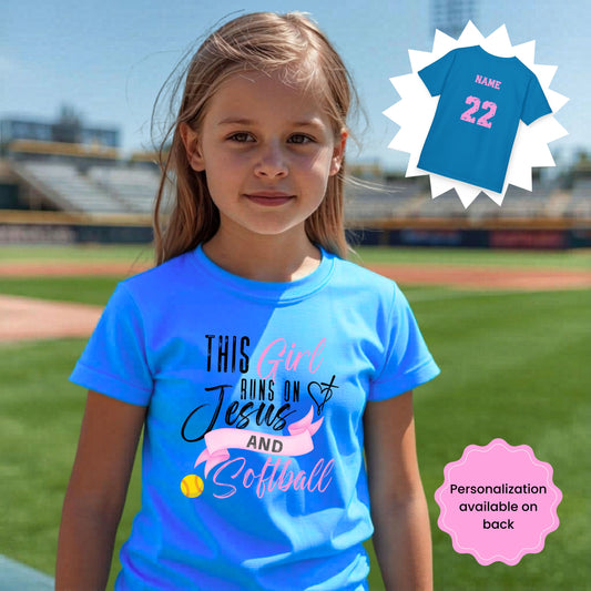This Girl Runs on Jesus and Softball - Personalized Christian Softball Tee for Girls