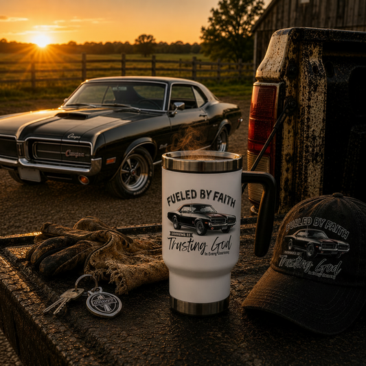 Fueled by Faith Cougar 14 oz Stainless Steel Travel Mug – Hebrews 11 Christian Muscle Car Tumbler
