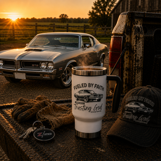 Fueled by Faith GTO 14 oz Stainless Steel Travel Mug – Hebrews 11 Christian Muscle Car Tumbler