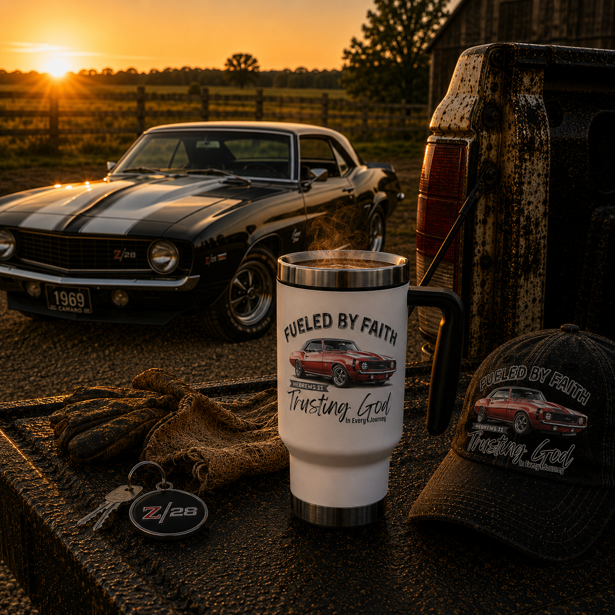 Fueled by Faith Camaro 14 oz Stainless Steel Travel Mug – Hebrews 11 Christian Muscle Car Tumbler