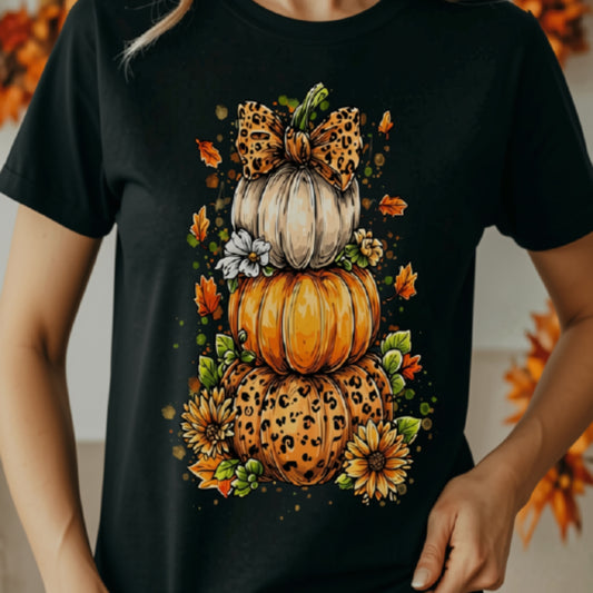 Leopard Pumpkin Stack Fall T-Shirt | Autumn Graphic Tee